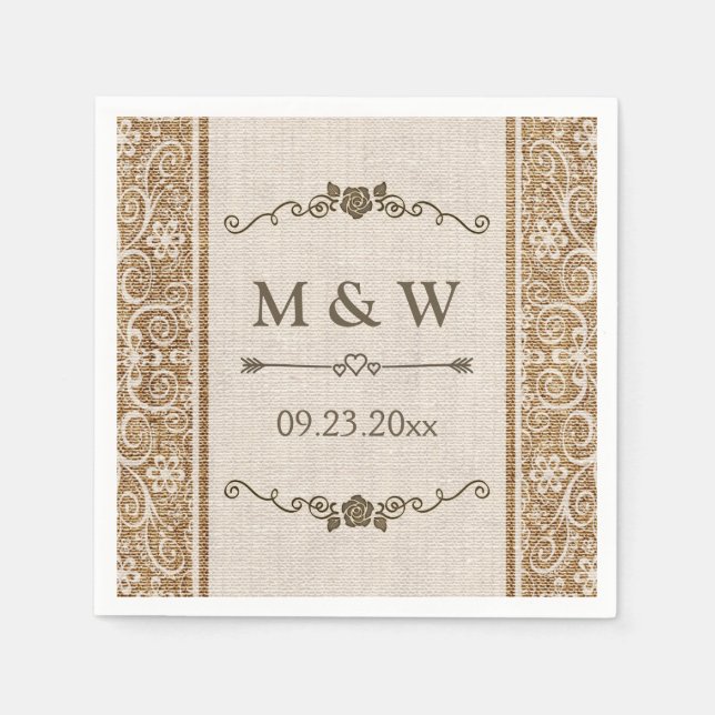 Rustic Burlap Lace Wedding Monogram Serviette (Vorderseite)