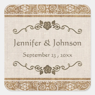 Rustic Burlap Lace Wedding Quadratischer Aufkleber