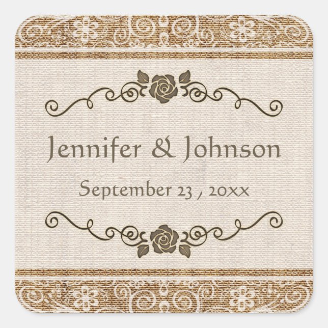 Rustic Burlap Lace Wedding Quadratischer Aufkleber (Vorderseite)