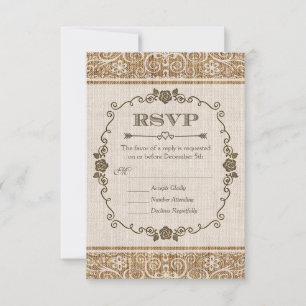Rustic Burlap Lace Wedding RSVP Karte