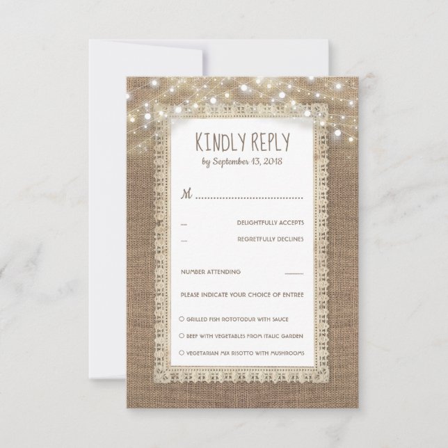 Rustic Burlap Lace Wedding RSVP Karte (Vorderseite)