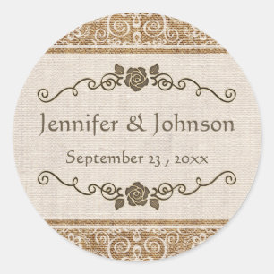 Rustic Burlap Lace Wedding Runder Aufkleber