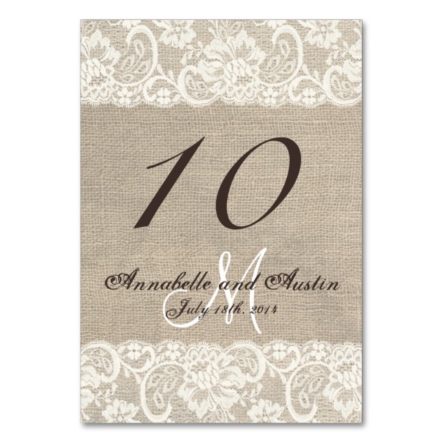 Rustic Burlap Lace Wedding Table Card Tischnummer (Rückseite)