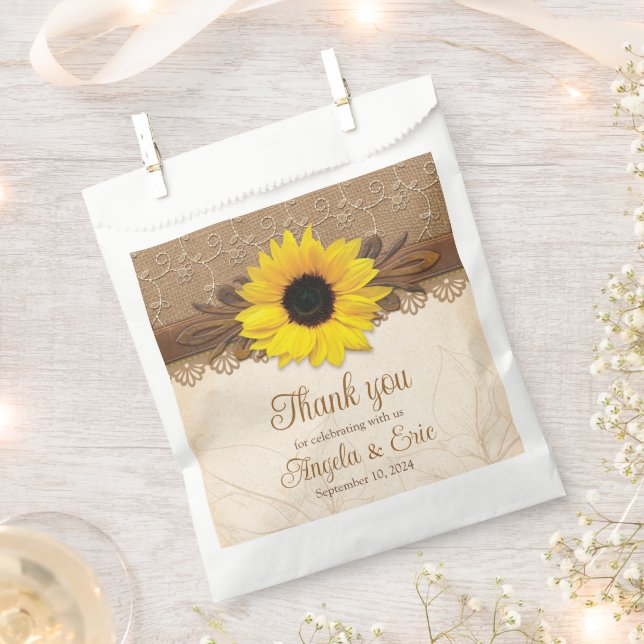 Rustic Burlap Lace Wood Sunflower Wedding Geschenktütchen (Ausgeschnitten)
