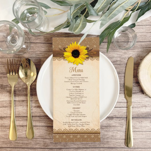 Rustic Burlap Lace Wood Sunflower Wedding Menü (Rustic Burlap Lace Wood Sunflower Wedding Menu in situ.)