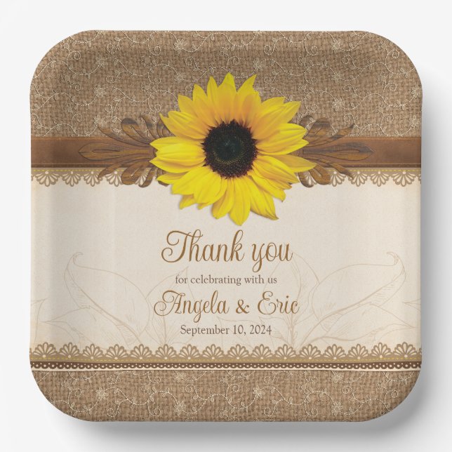 Rustic Burlap Lace Wood Sunflower Wedding Pappteller (Vorderseite)