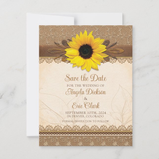 Rustic Burlap Lace Wood Sunflower Wedding Save The Date (Vorderseite)
