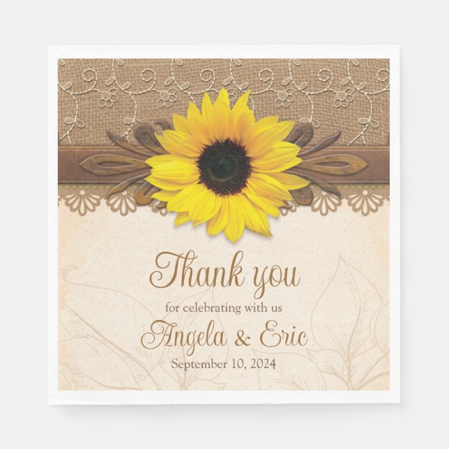 Rustic Burlap Lace Wood Sunflower Wedding Serviette (Vorderseite)