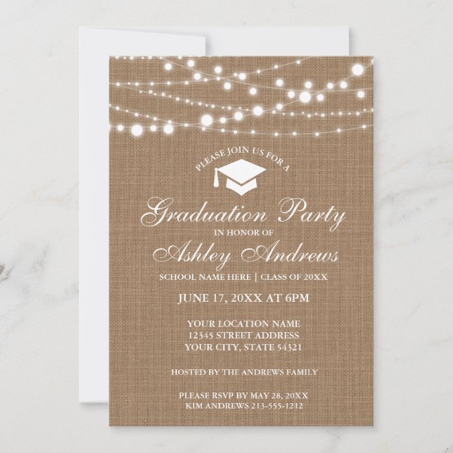Rustic Burlap Lights Graduation Party Einladung W (Vorderseite)