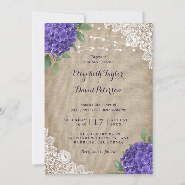 Rustic Burlap Lila Hydrangea Hochzeitseinladungen Einladung (Vorderseite)