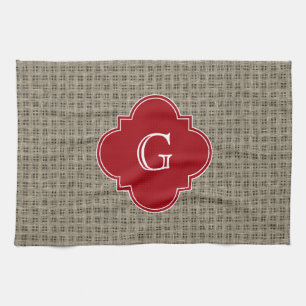 Rustic Burlap Look Cranberry Quatrefolienmonogramm Handtuch