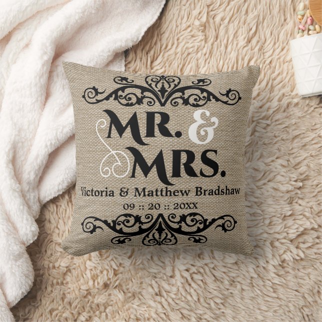 Rustic Burlap Look Mr. und Mrs. Wedding Kissen (Decke)