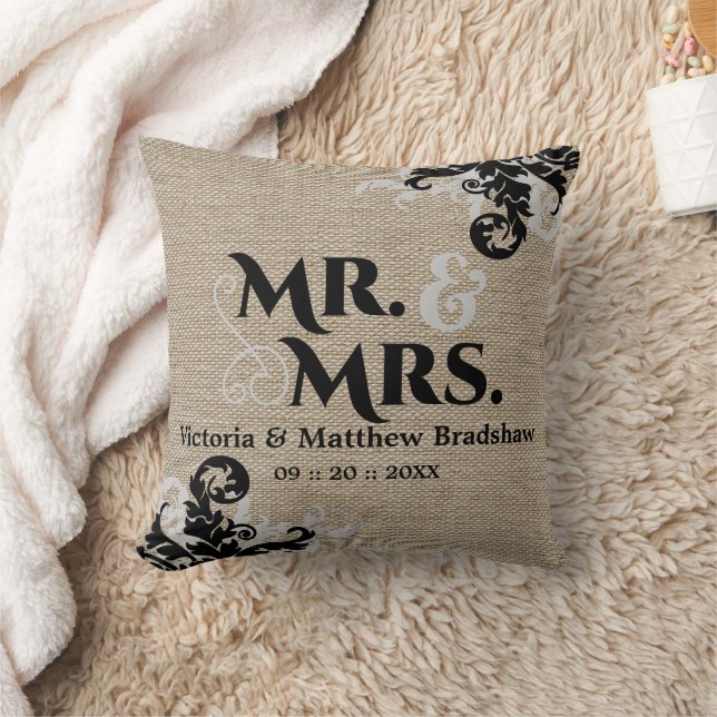 Rustic Burlap Look Mr. und Mrs. Wedding Kissen (Decke)