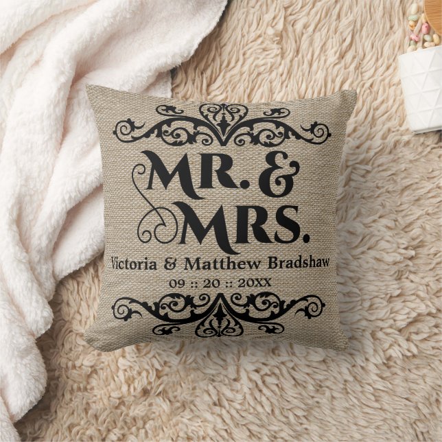 Rustic Burlap Look Mr. und Mrs. Wedding Kissen (Decke)