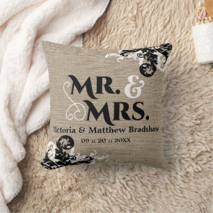 Rustic Burlap Look Mr. und Mrs. Wedding Kissen