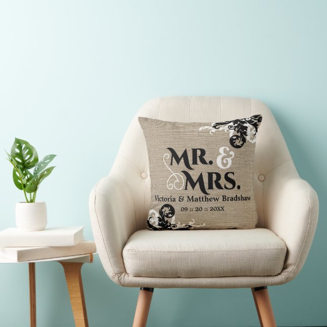 Rustic Burlap Look Mr. und Mrs. Wedding Kissen (Stuhl )