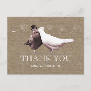 Rustic Burlap Love Birds Danke Postkarte