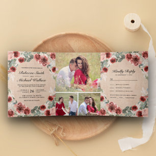 Rustic Burlap Marsala Floral Foto Collage Wedding Dreifach Gefaltete Einladung