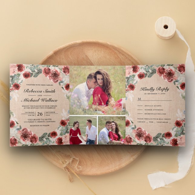 Rustic Burlap Marsala Floral Foto Collage Wedding Dreifach Gefaltete Einladung (Von Creator hochgeladen)