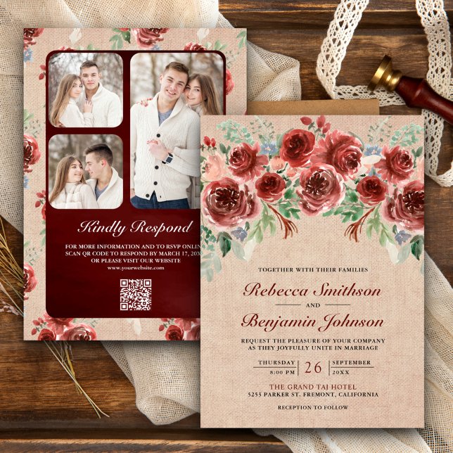 Rustic Burlap Marsala Floral Foto QR Code Hochzeit Einladung (Von Creator hochgeladen)