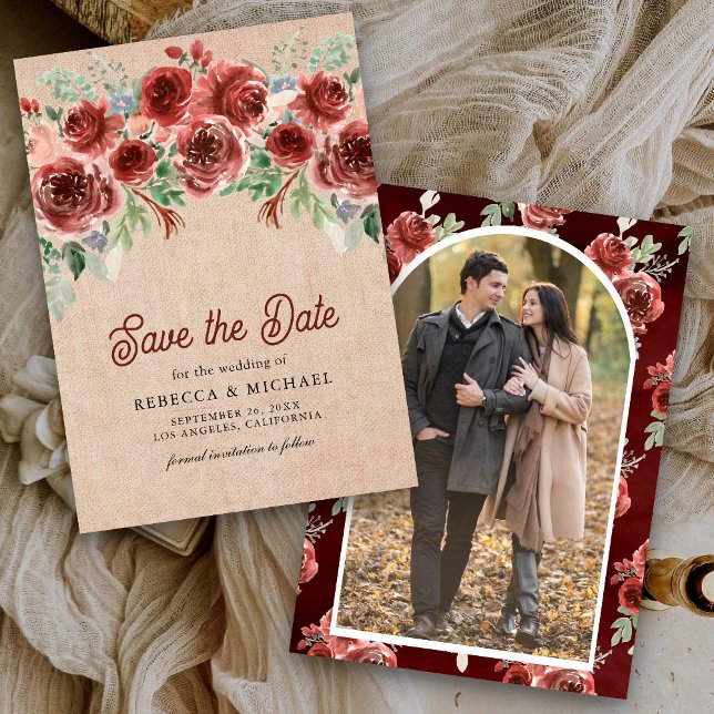 Rustic Burlap Marsala Floral Foto Wedding Save The Date (Von Creator hochgeladen)