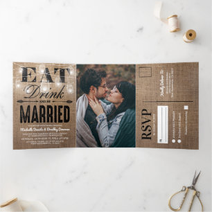 Rustic Burlap Mason Jar All in One Wedding Dreifach Gefaltete Einladung