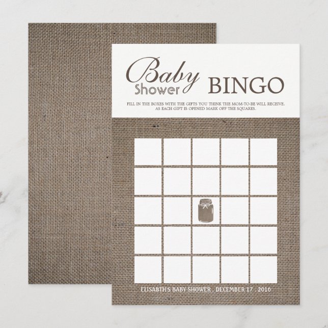 Rustic Burlap Mason Jar Baby Shower Bingo Einladung (Vorne/Hinten)