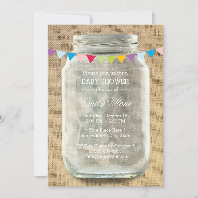Rustic Burlap Mason Jar Baby Shower Einladung (Vorderseite)