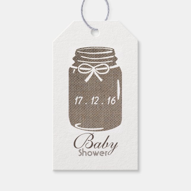 Rustic Burlap Mason Jar Baby Shower Geschenkanhänger (Vorderseite)