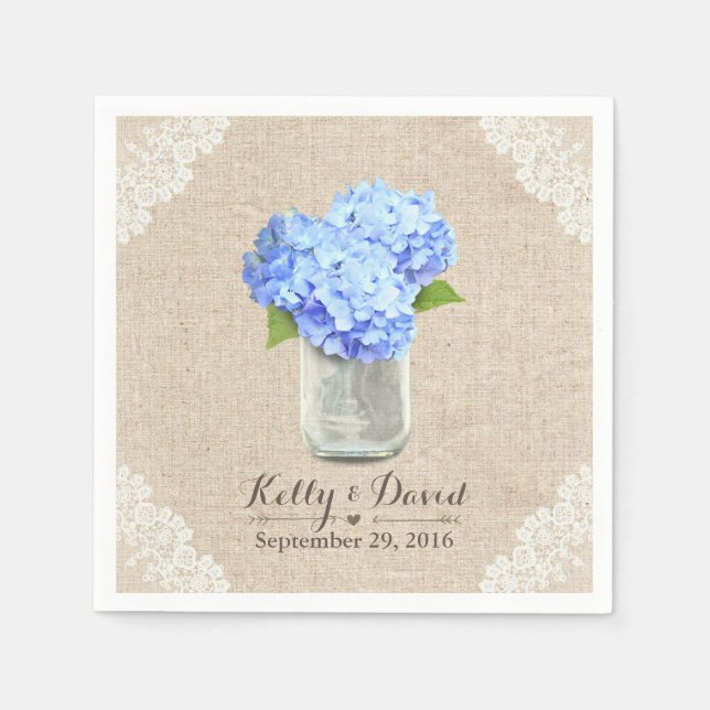 Rustic Burlap Mason Jar Blue Hydrangea Wedding Serviette (Vorderseite)