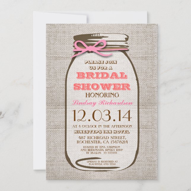Rustic Burlap Mason Jar Brautparty Einladung (Vorderseite)