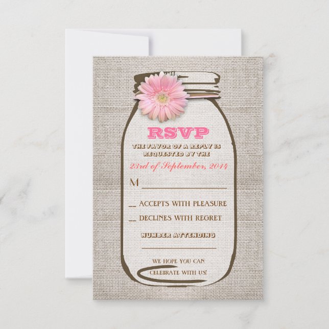Rustic Burlap Mason Jar Pink Gerbera Wedding RSVP (Vorderseite)