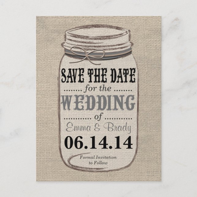 Rustic Burlap Mason Jar Save the Date Black Gray Ankündigungspostkarte (Vorderseite)
