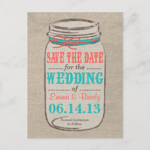Rustic Burlap & Mason Jar Save the Date - Korallen Ankündigungspostkarte