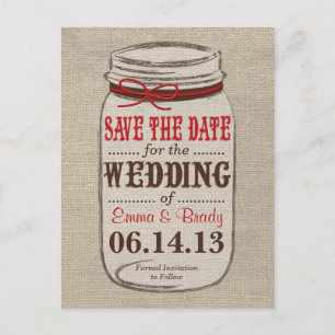 Rustic Burlap & Mason Jar Save the Date Postcard Ankündigungspostkarte