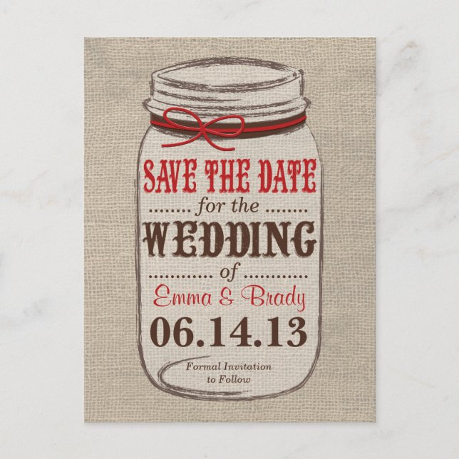 Rustic Burlap & Mason Jar Save the Date Postcard Ankündigungspostkarte (Vorderseite)