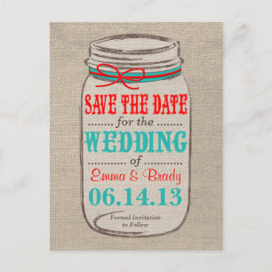 Rustic Burlap & Mason Jar Save the Date Postcard Ankündigungspostkarte