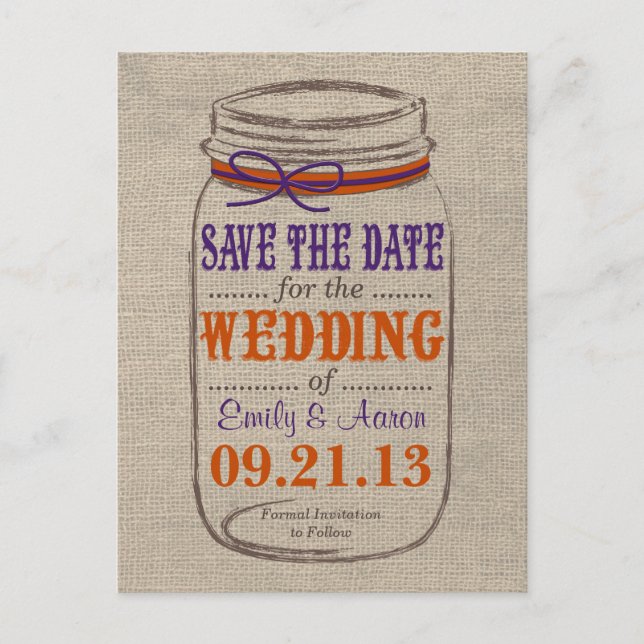 Rustic Burlap & Mason Jar Save the Date Postcard Ankündigungspostkarte (Vorderseite)