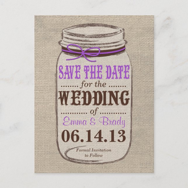 Rustic Burlap & Mason Jar Save the Date Postcard Ankündigungspostkarte (Vorderseite)