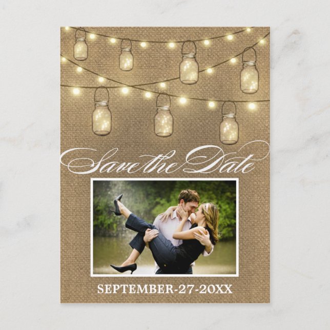 Rustic Burlap Mason Jar Save the Date Postkarten (Vorderseite)