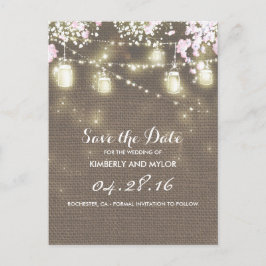 Rustic Burlap Mason Jar String Light Save the Date Ankündigungspostkarte
