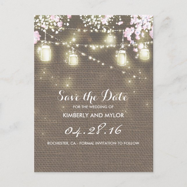 Rustic Burlap Mason Jar String Light Save the Date Ankündigungspostkarte (Vorderseite)
