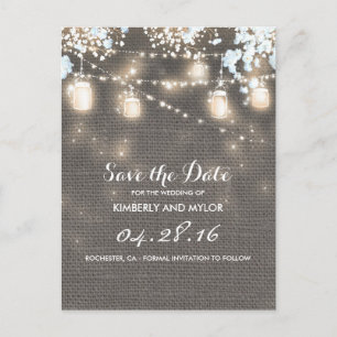 Rustic Burlap Mason Jar String Light Save the Date Ankündigungspostkarte
