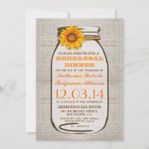 Rustic Burlap Mason Jar Sunflower Probe Dinner Einladung