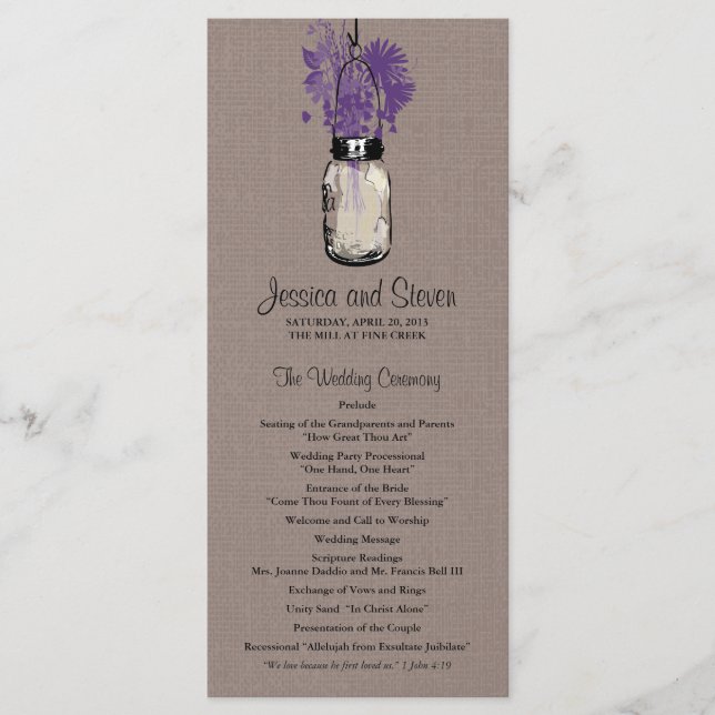 Rustic Burlap Mason Jar und Wildblumen Programm (Vorderseite)