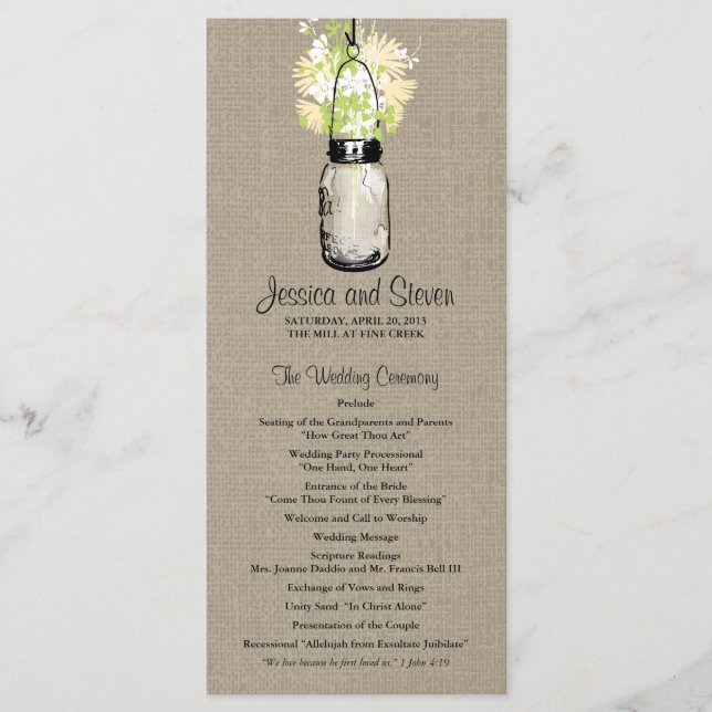 Rustic Burlap Mason Jar und Wildblumen Programm (Vorderseite)