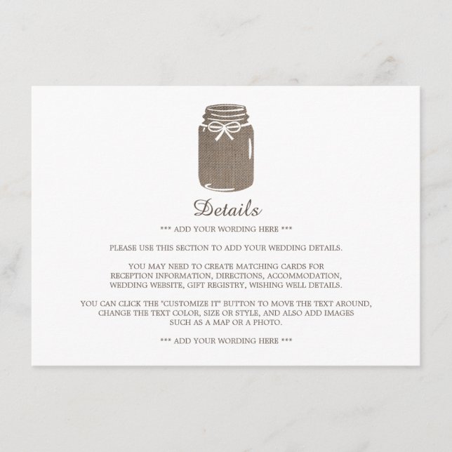 Rustic Burlap Mason Jar Wedding Detail Begleitkarte (Vorderseite)