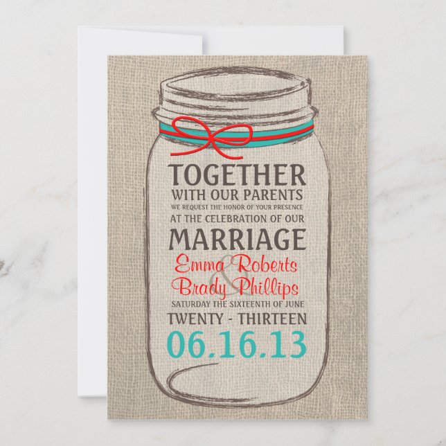 Rustic Burlap & Mason Jar Wedding Einladung (Vorderseite)
