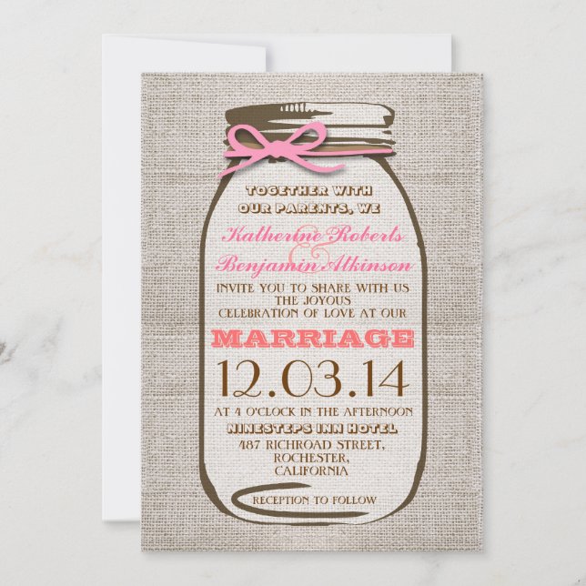 Rustic Burlap Mason Jar Wedding Einladung (Vorderseite)