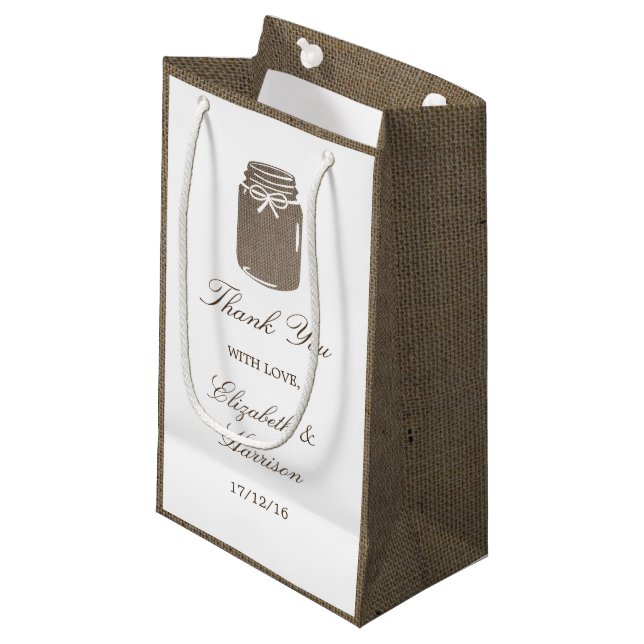Rustic Burlap Mason Jar Wedding Kleine Geschenktüte (Vorderseite Schrägansicht)